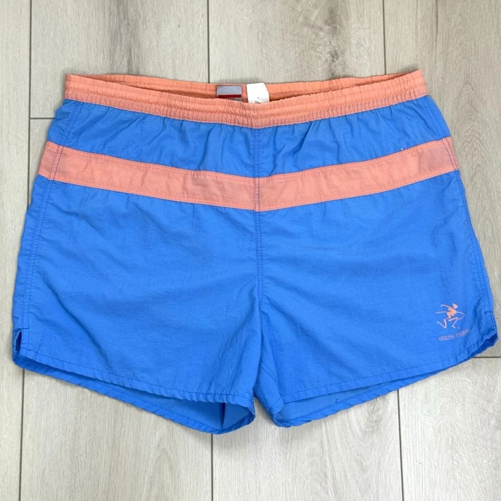 VTG Ocean Pacific Swim Trunks L Blue Peach‎ Nylon Lined Shorts 80s Surf OP Style